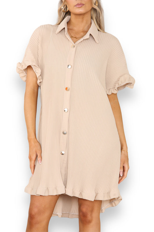 Ladies Plisse Detail Frill Hem Dress Stone