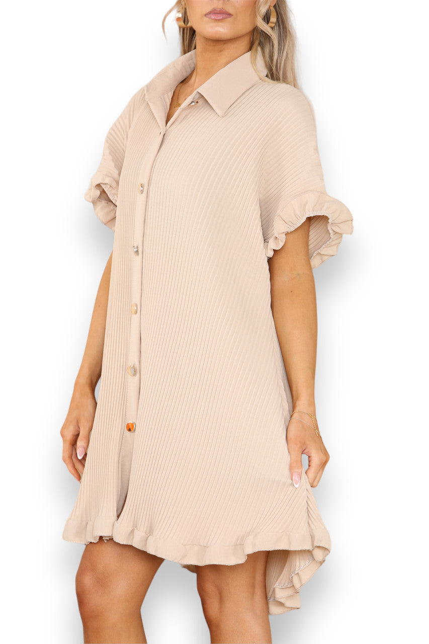 Ladies Plisse Detail Frill Hem Dress Stone