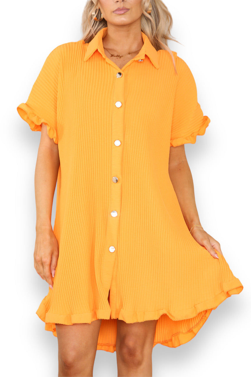 Ladies Plisse Detail Frill Hem Dress Orange
