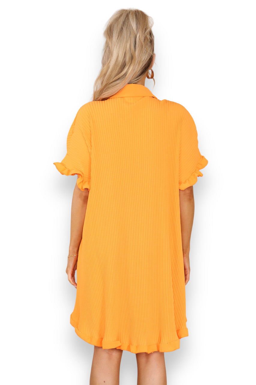 Ladies Plisse Detail Frill Hem Dress Orange