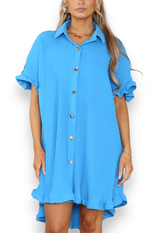 Ladies Plisse Detail Frill Hem Dress Turquoise