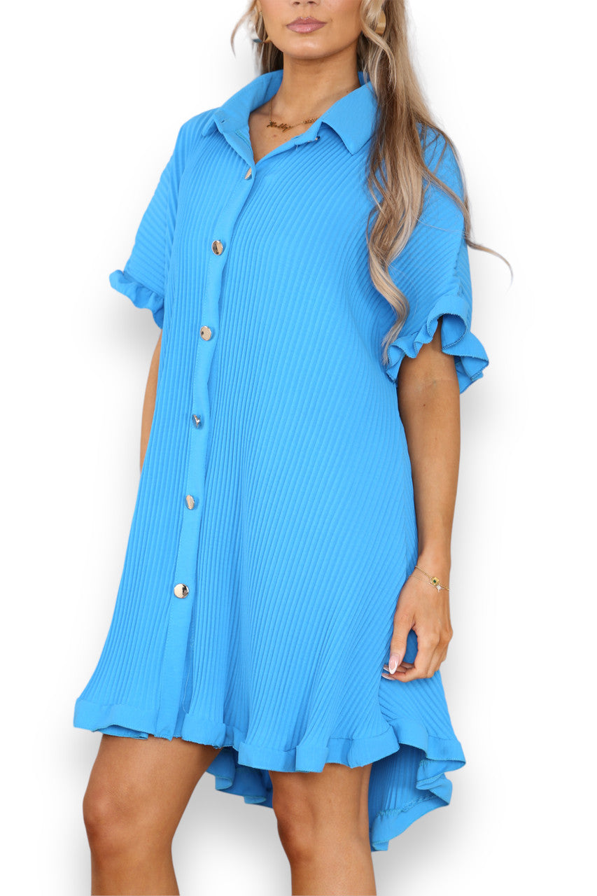 Ladies Plisse Detail Frill Hem Dress Turquoise