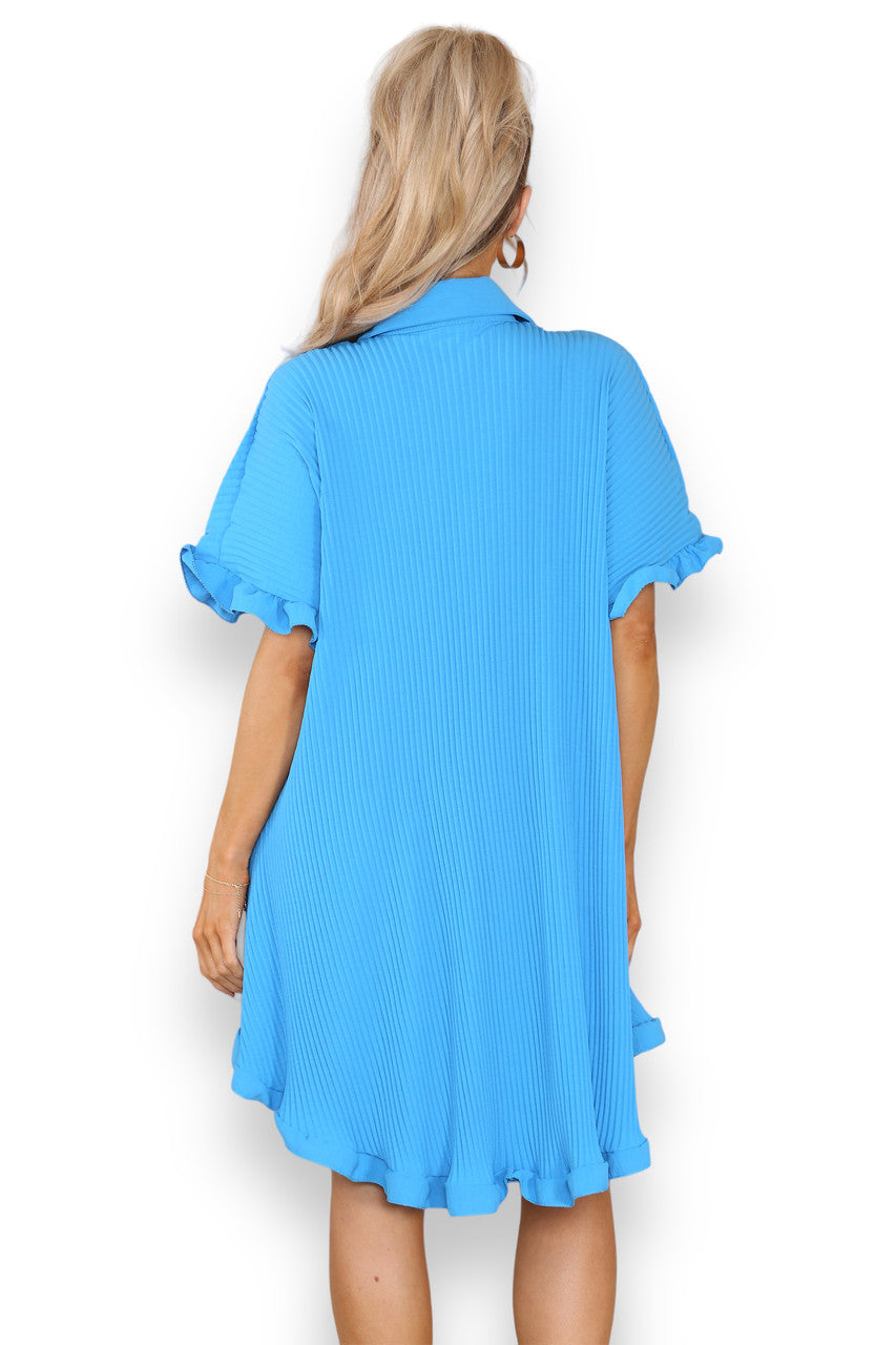 Ladies Plisse Detail Frill Hem Dress Turquoise