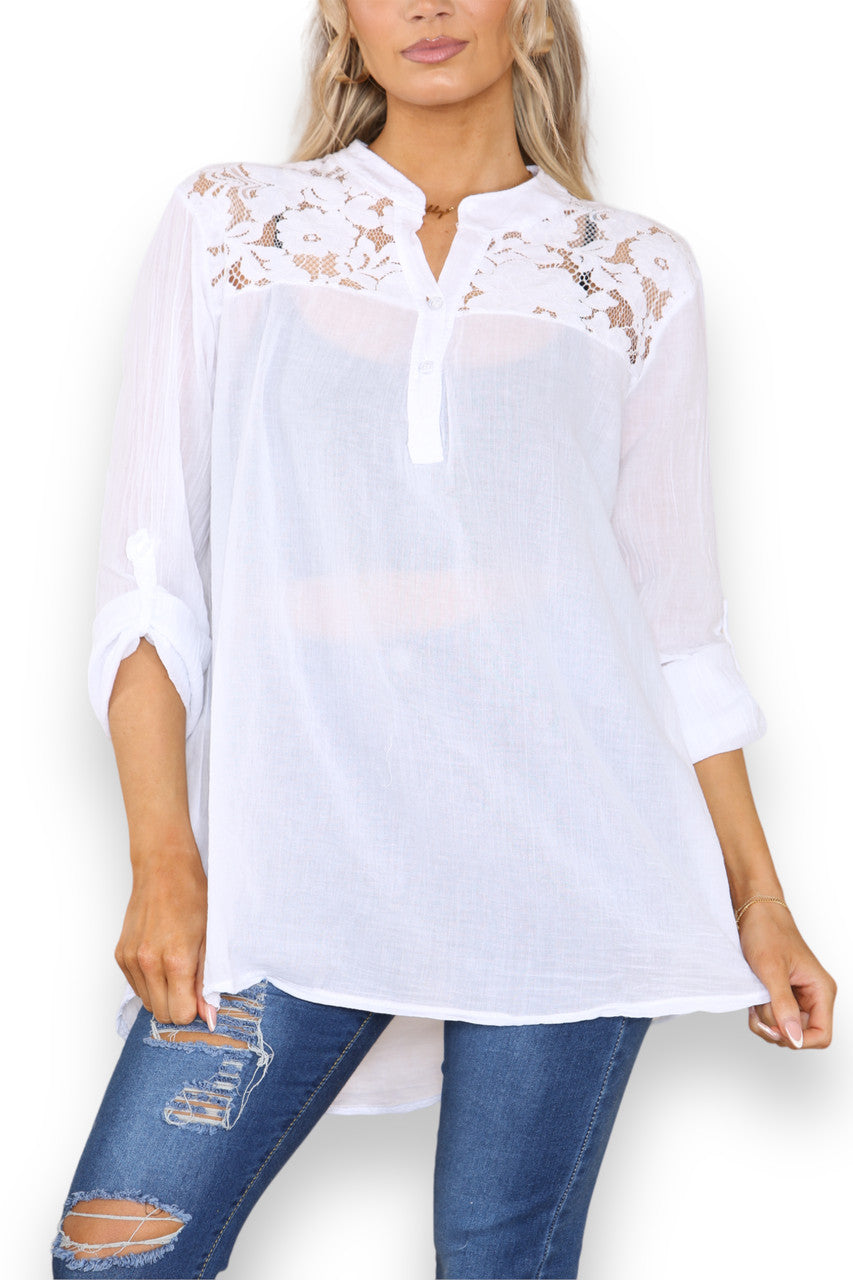 LACE SHOULDER DETAIL GRANDAD SHRIT WHITE