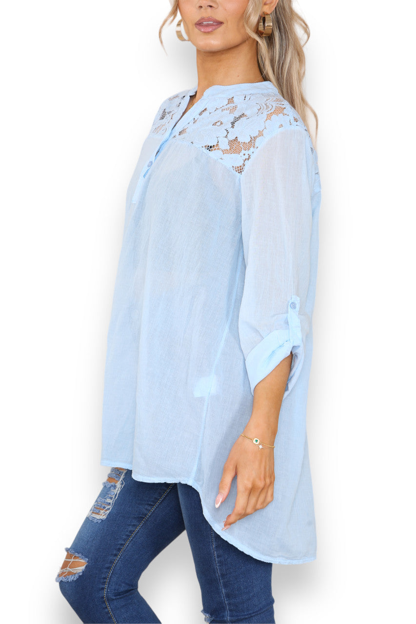 LACE SHOULDER DETAIL GRANDAD SHRIT LIGHT BLUE