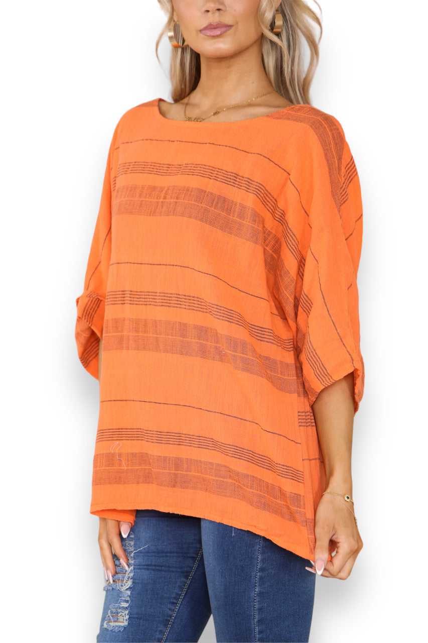 Ladies Striped Print Top Orange