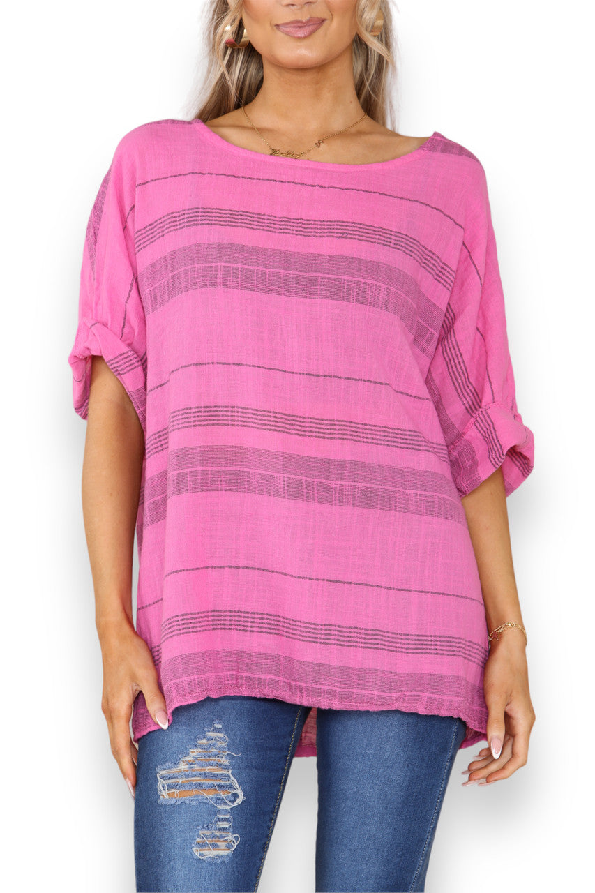 Ladies Striped Print Top Cerise
