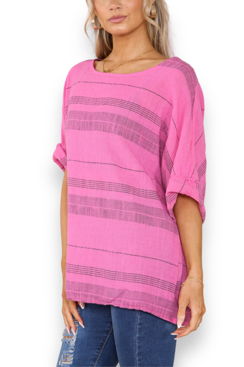 Ladies Striped Print Top Cerise