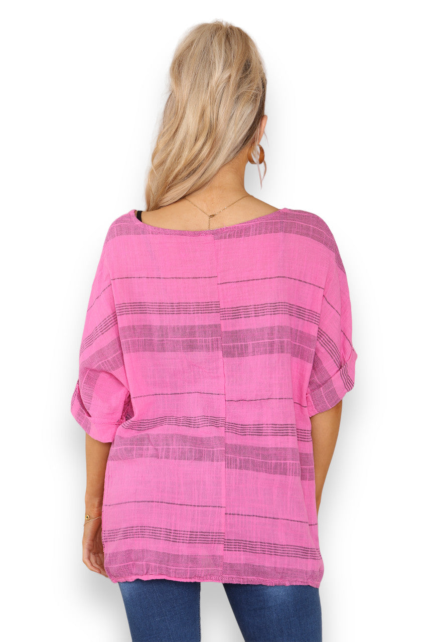 Ladies Striped Print Top Cerise