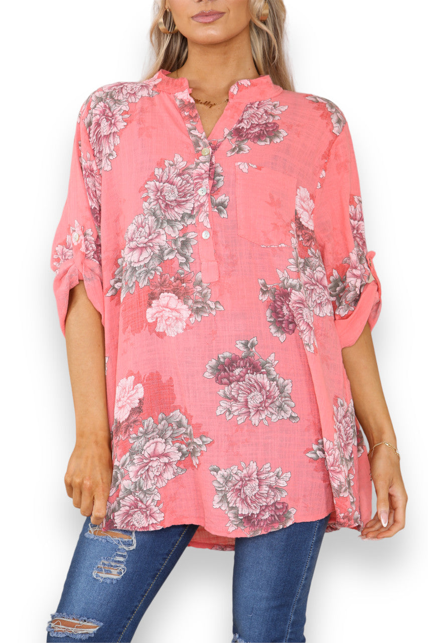 Ladies Peony Flower Print Grandad Shirt Coral
