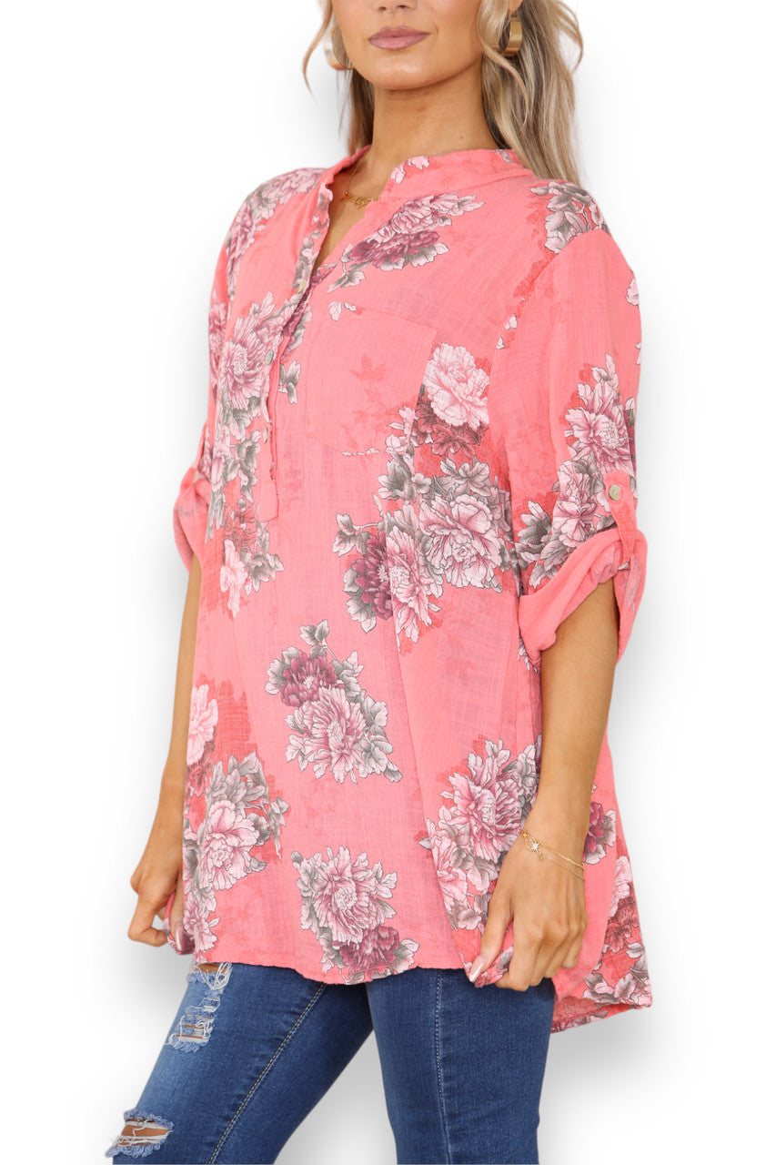 Ladies Peony Flower Print Grandad Shirt Coral