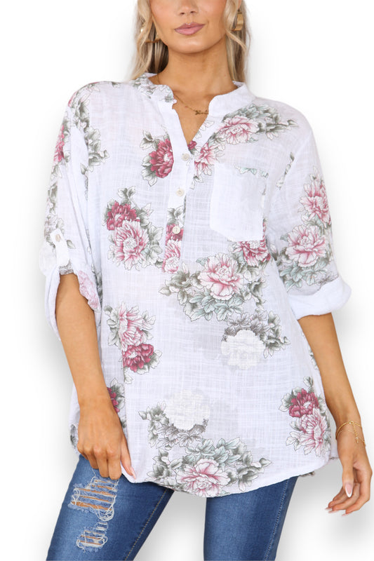 Ladies Peony Flower Print Grandad Shirt White
