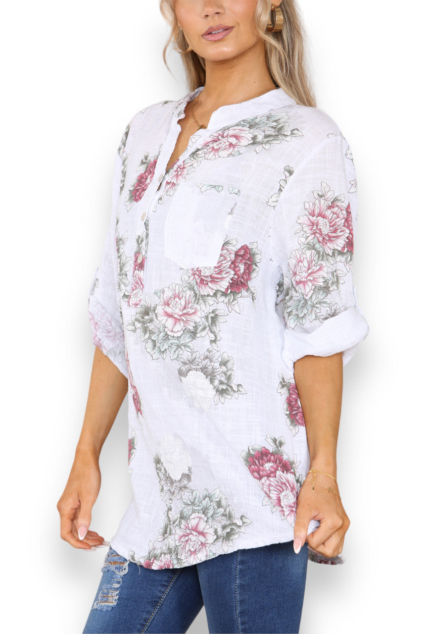 Ladies Peony Flower Print Grandad Shirt White