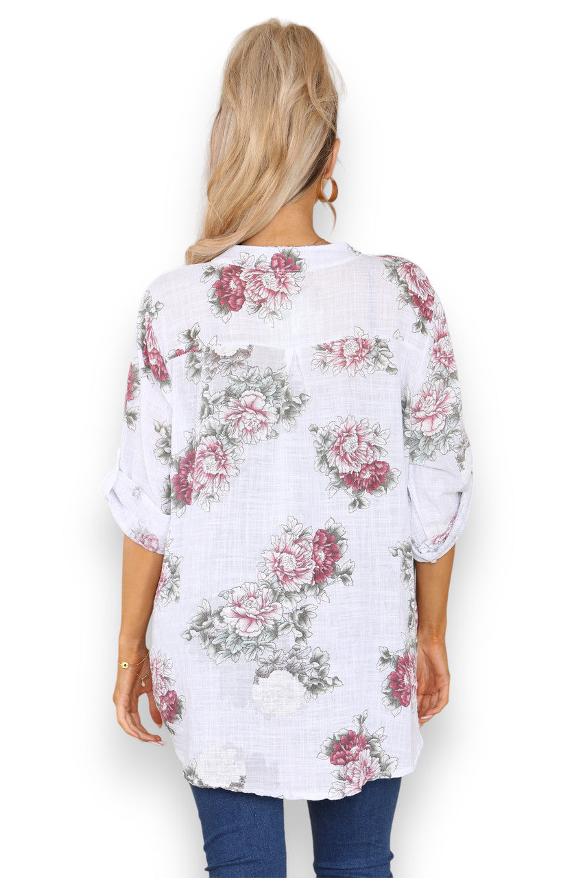 Ladies Peony Flower Print Grandad Shirt White
