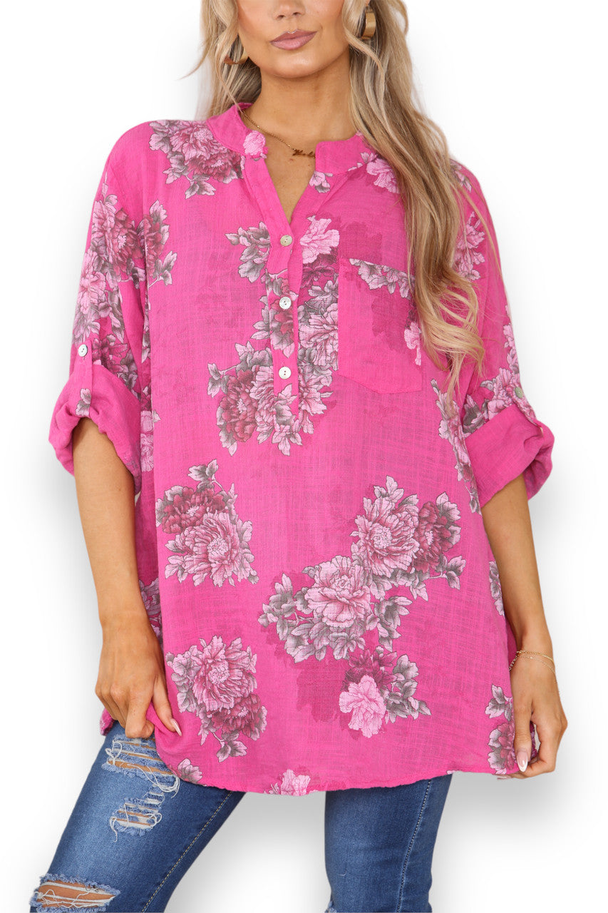 Ladies Peony Flower Print Grandad Shirt Cerise
