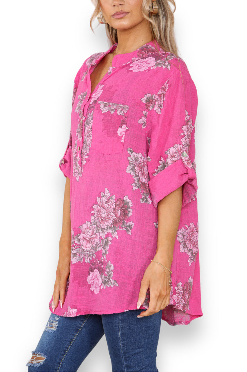 Ladies Peony Flower Print Grandad Shirt Cerise