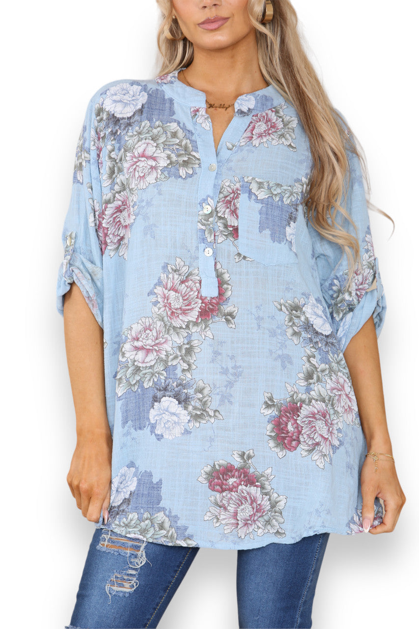 Ladies Peony Flower Print Grandad Shirt Light Blue