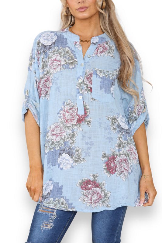 Ladies Peony Flower Print Grandad Shirt Light Blue