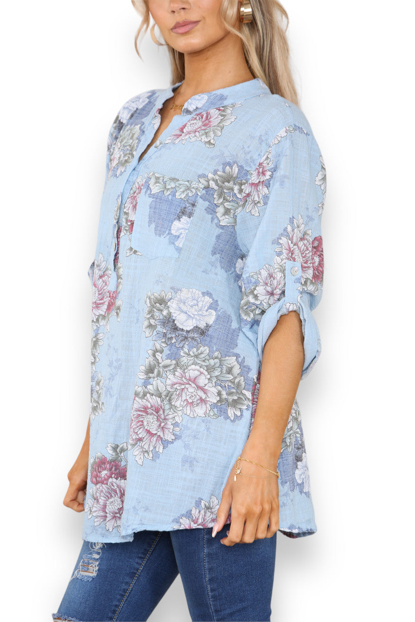 Ladies Peony Flower Print Grandad Shirt Light Blue