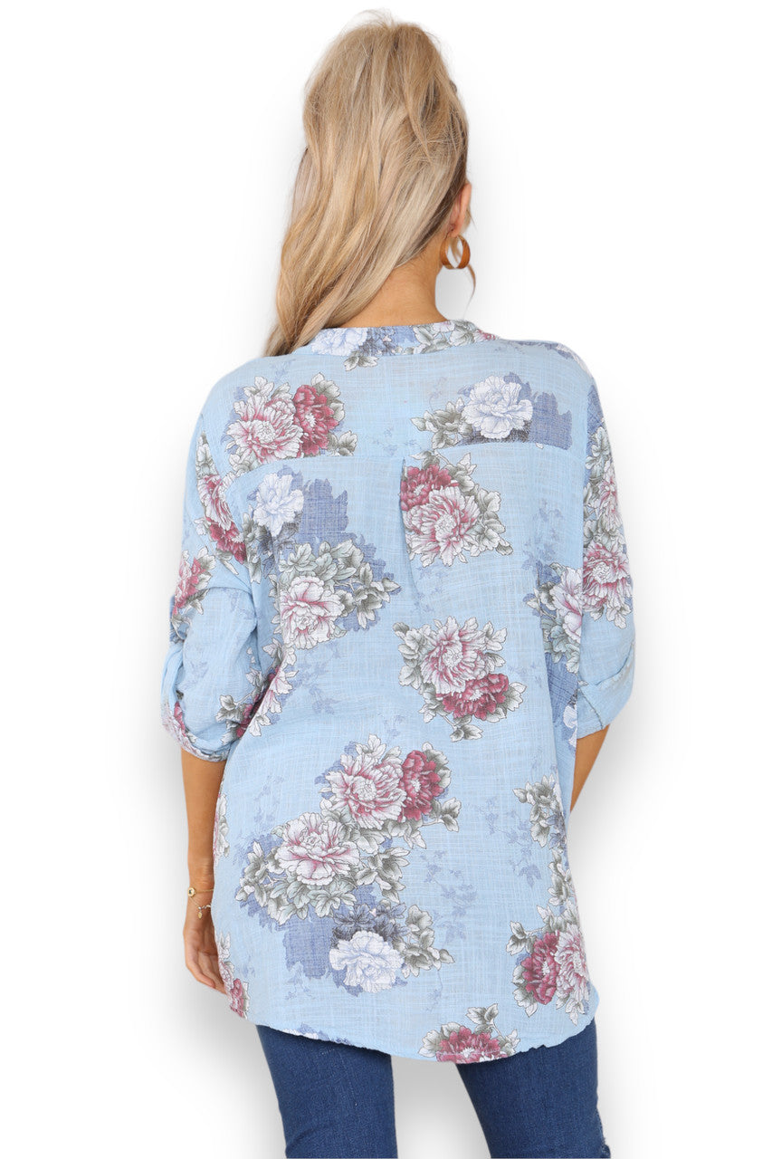 Ladies Peony Flower Print Grandad Shirt Light Blue