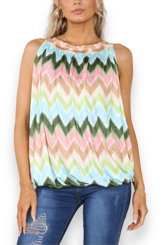 Ladies Zig-Zag Print Slinky Tie Back Top Khaki