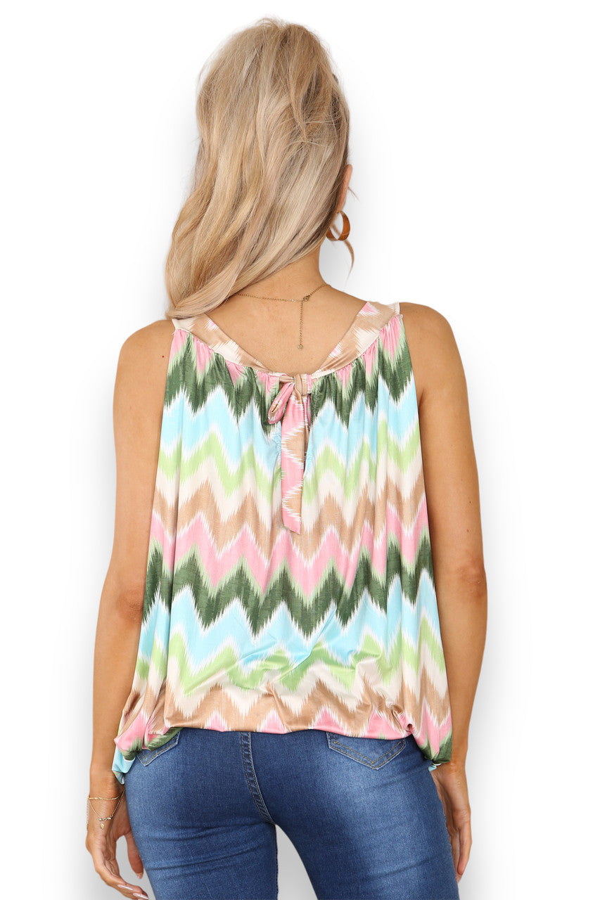 Ladies Zig-Zag Print Slinky Tie Back Top Khaki