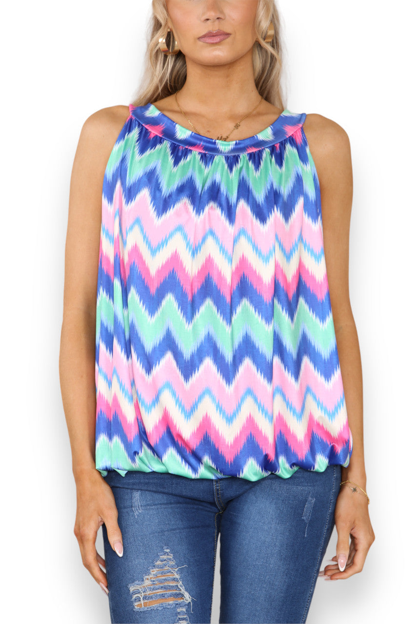 Dames Zigzag Print Slinky Top met Strik op de Rug Blauw