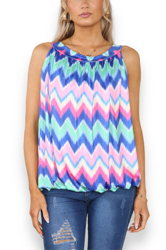 Ladies Zig-Zag Print Slinky Tie Back Top Blue