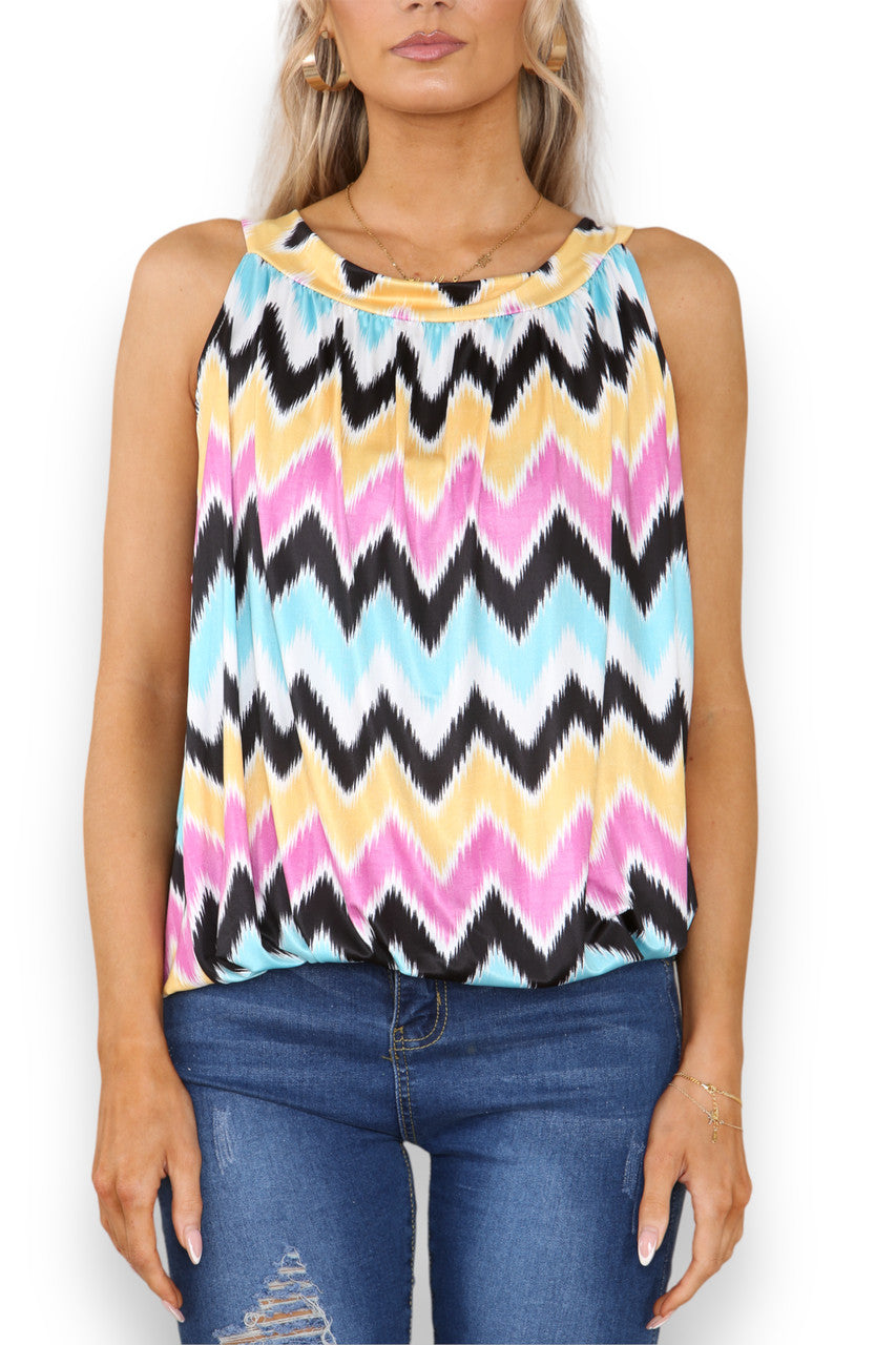 Ladies Zig-Zag Print Slinky Tie Back Top Black