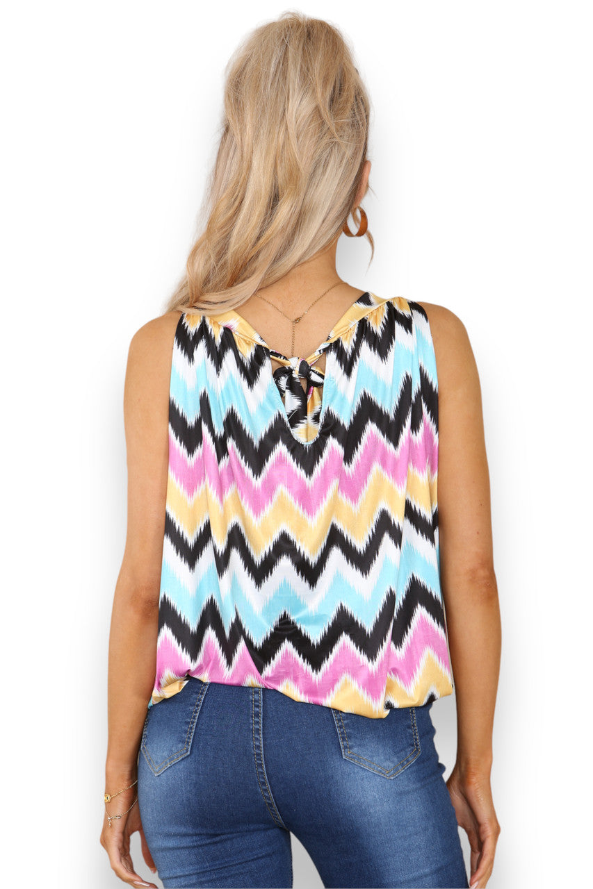 Ladies Zig-Zag Print Slinky Tie Back Top Black