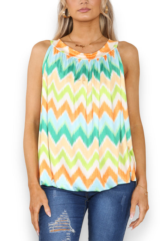 Ladies Zig-Zag Print Slinky Tie Back Top Orange