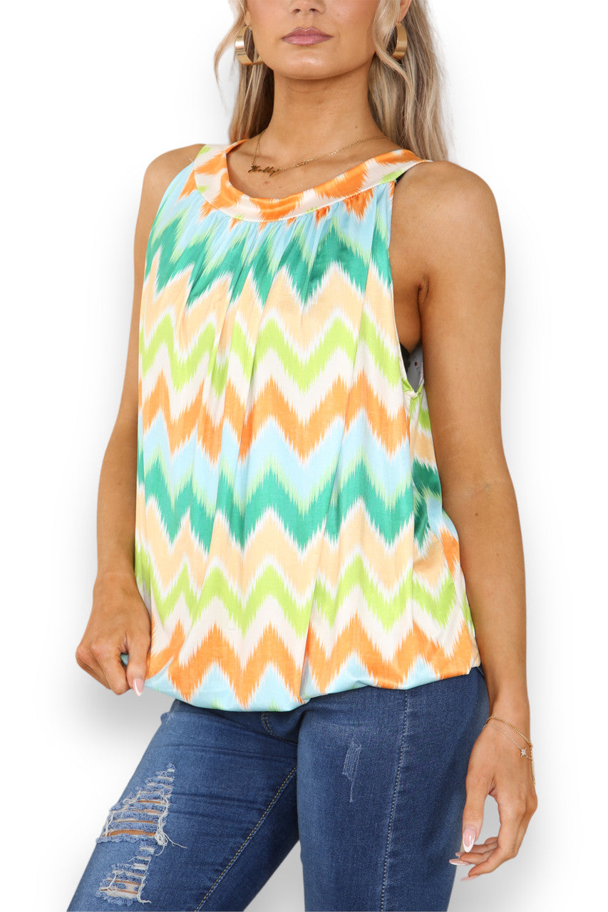 Ladies Zig-Zag Print Slinky Tie Back Top Orange