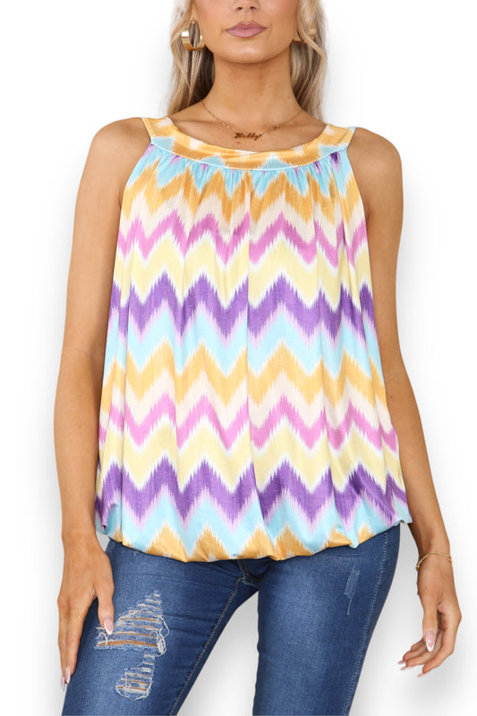 Ladies Zig-Zag Print Slinky Tie Back Top Purple