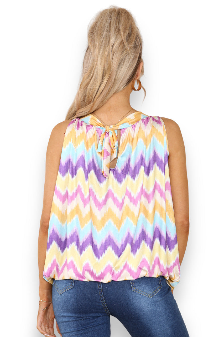 Ladies Zig-Zag Print Slinky Tie Back Top Purple