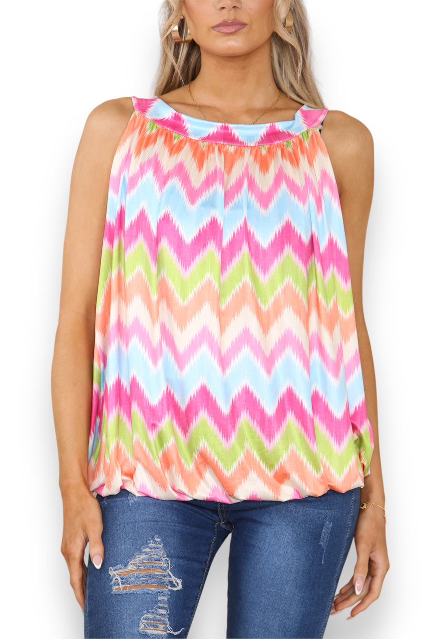 Ladies Zig-Zag Print Slinky Tie Back Top Cerise