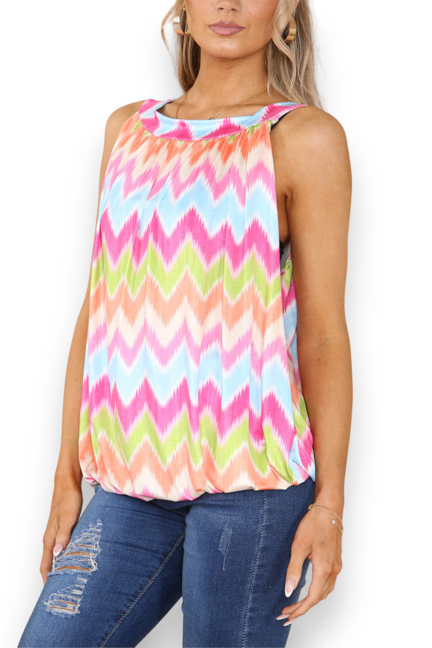 Ladies Zig-Zag Print Slinky Tie Back Top Cerise