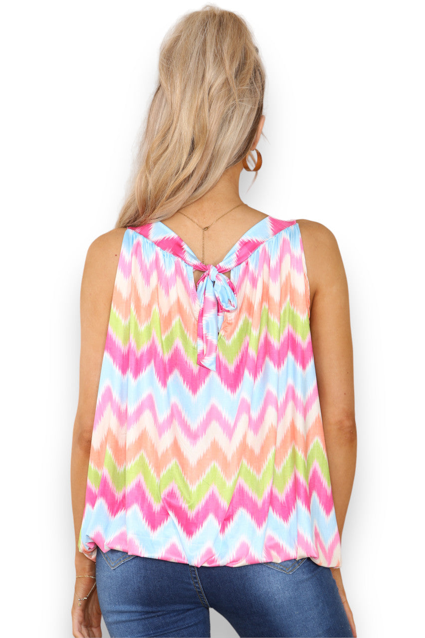 Ladies Zig-Zag Print Slinky Tie Back Top Cerise