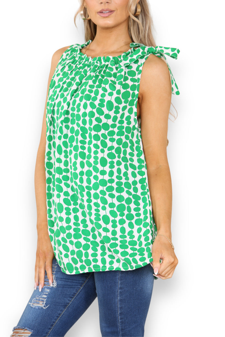 TIE SHOULDER SPOTTY TOP WHITE/GREEN