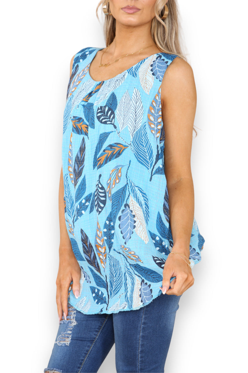 Ladies Leaves Print Sleeveless Vest Top Turquoise