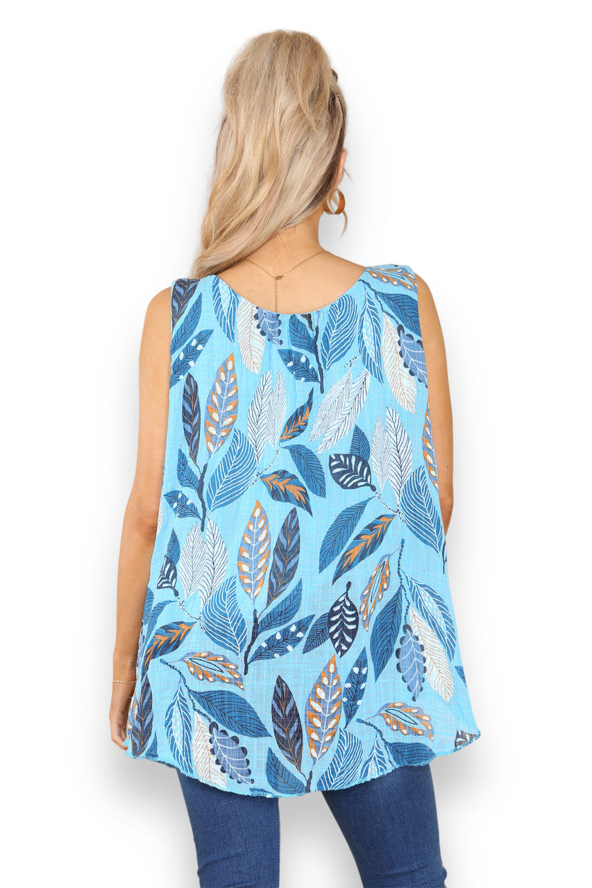 Ladies Leaves Print Sleeveless Vest Top Turquoise