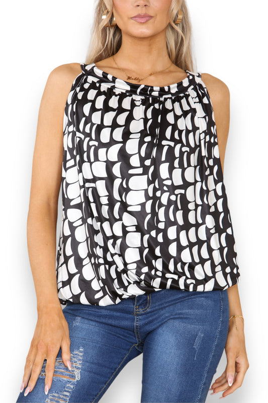 Ladies Geometric Print Slinky Tie Back Top Black