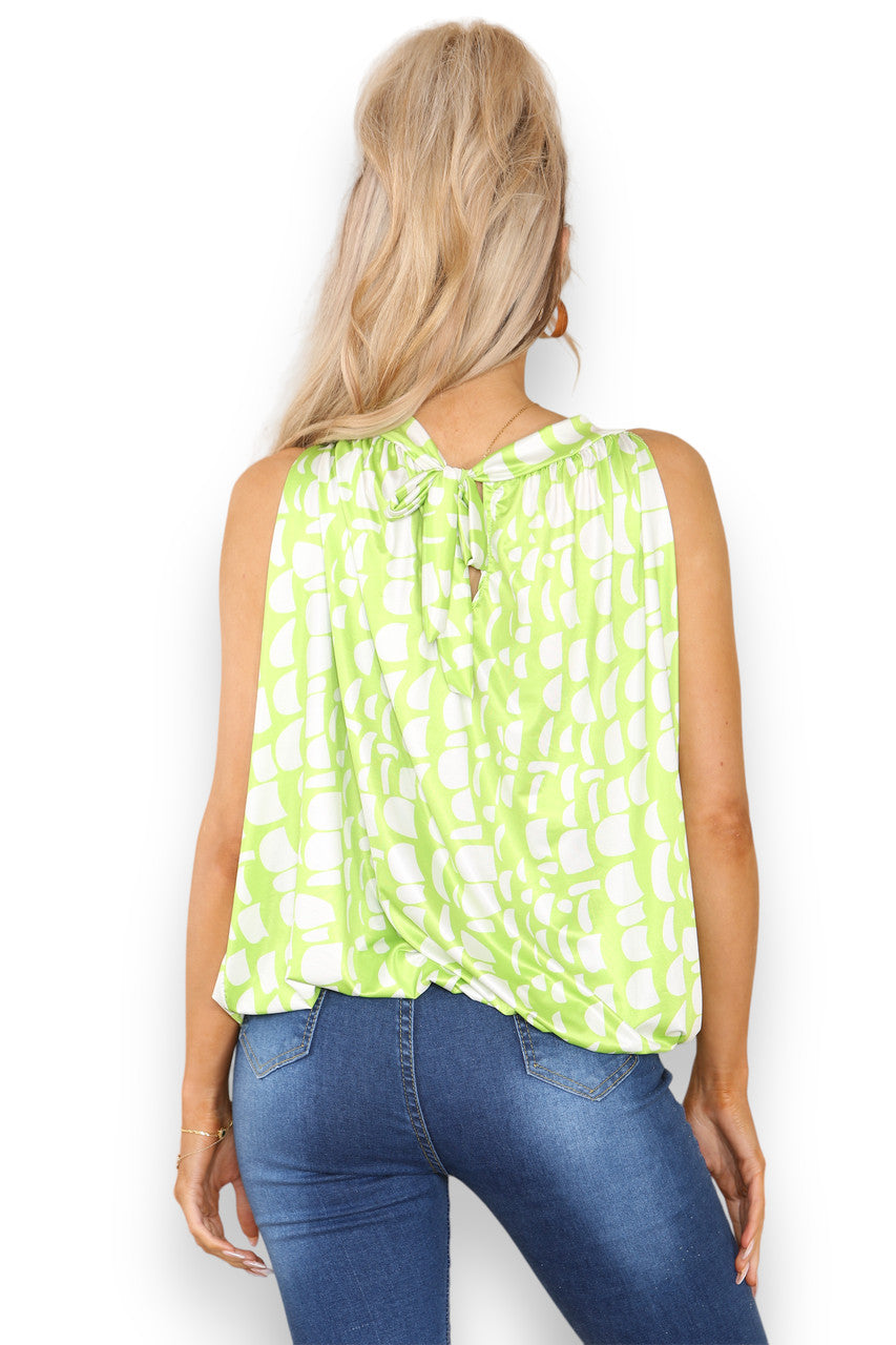 Ladies Geometric Print Slinky Tie Back Top Lime