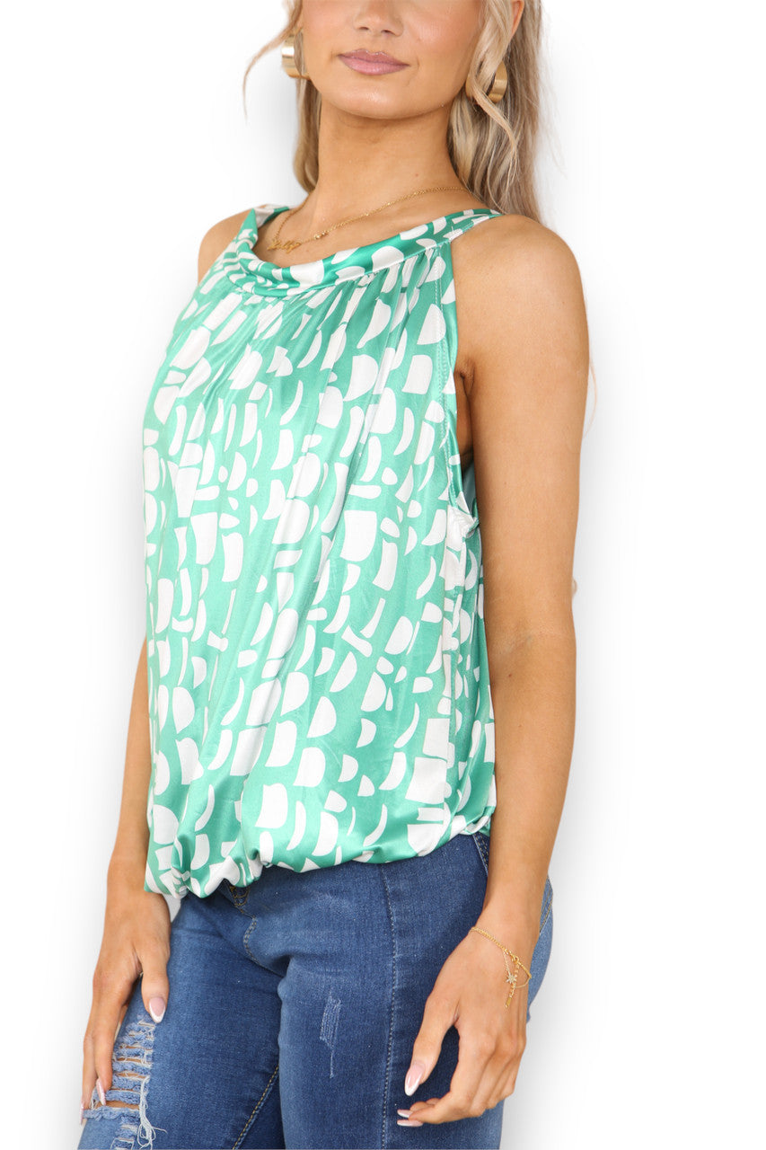 Ladies Geometric Print Slinky Tie Back Top Tiffany