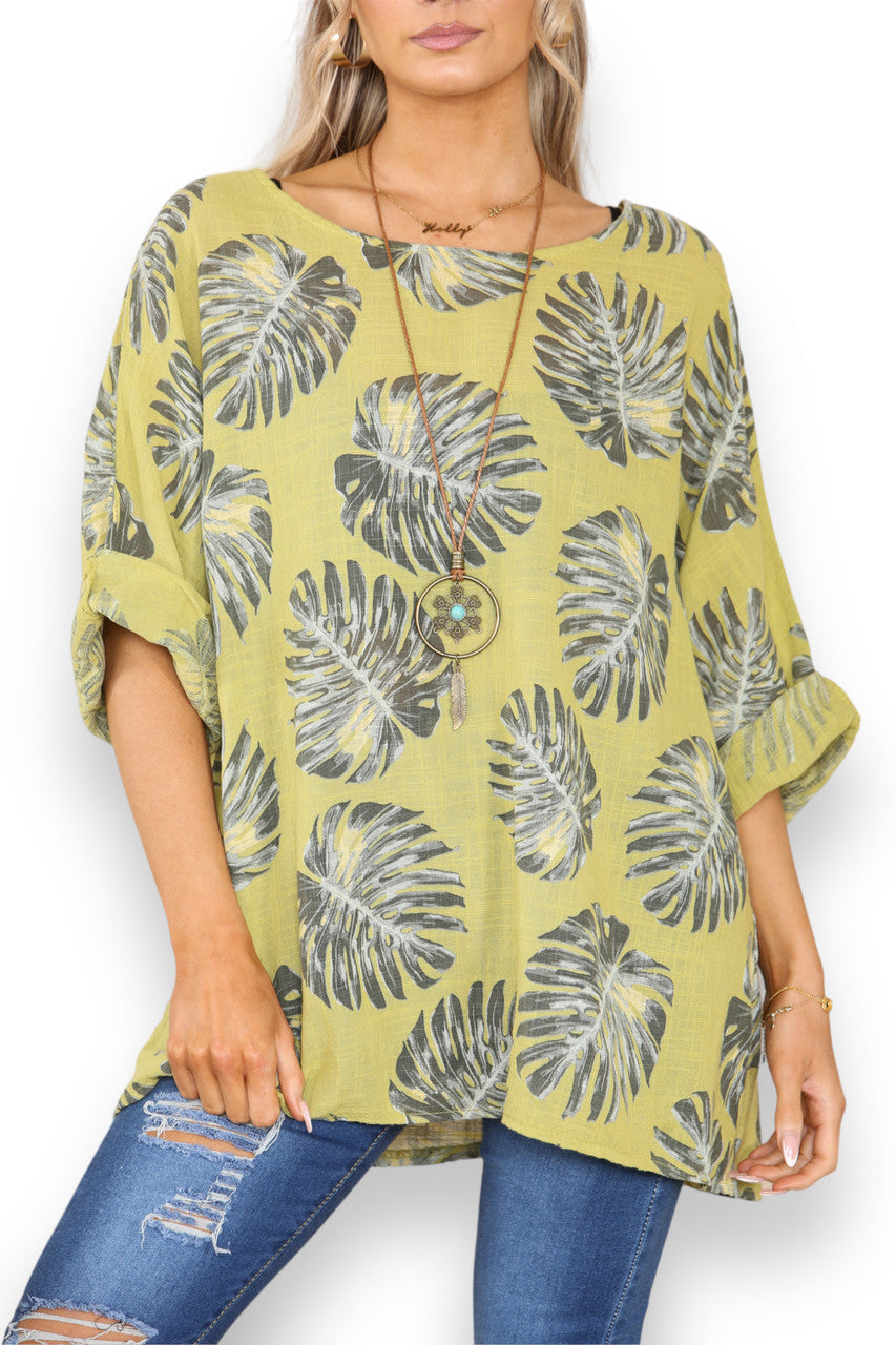 PALM LEAF PRINT TOP - LIME