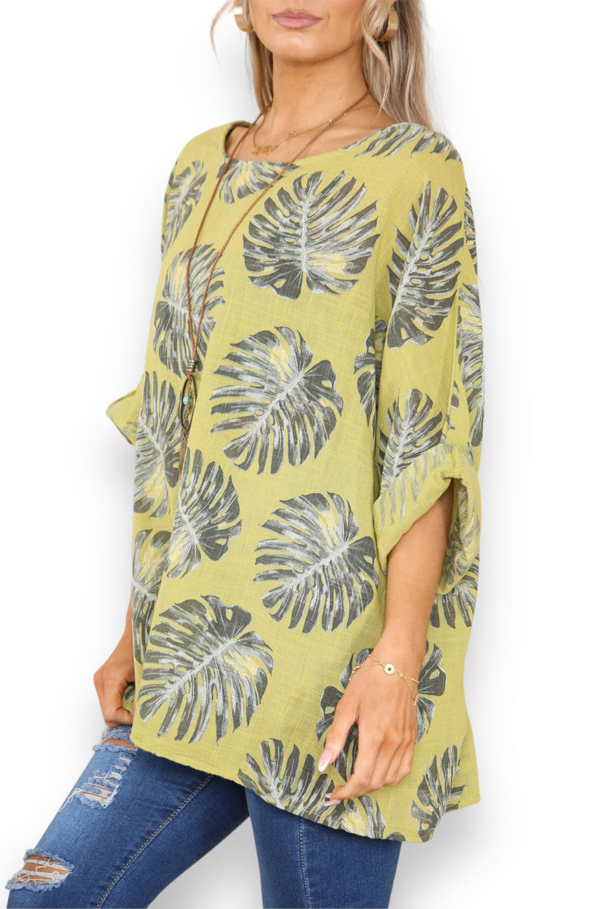 PALM LEAF PRINT TOP - LIME