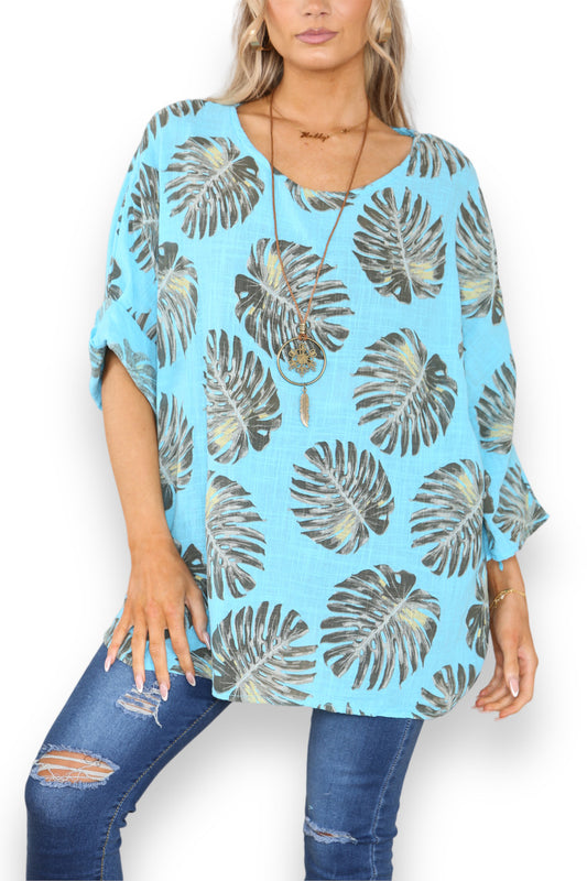 Ladies Palm Leaf Print Top Turquoise
