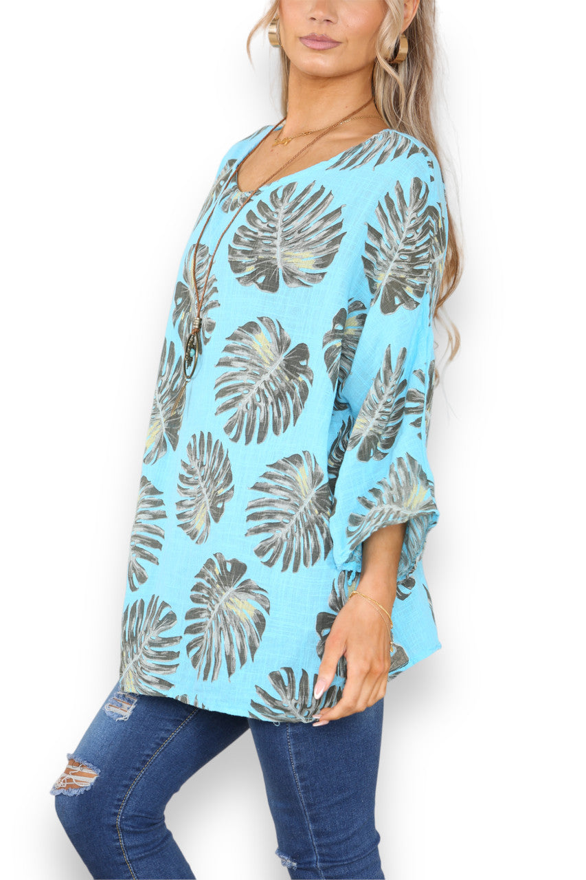 Ladies Palm Leaf Print Top Turquoise