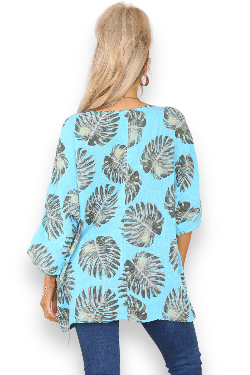 Ladies Palm Leaf Print Top Turquoise