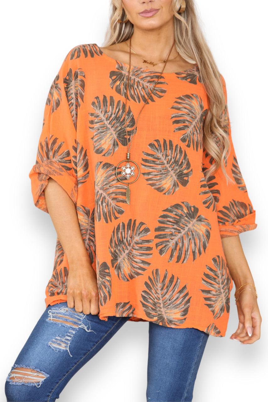 TOP MET PALMBLAADPRINT ORANJE