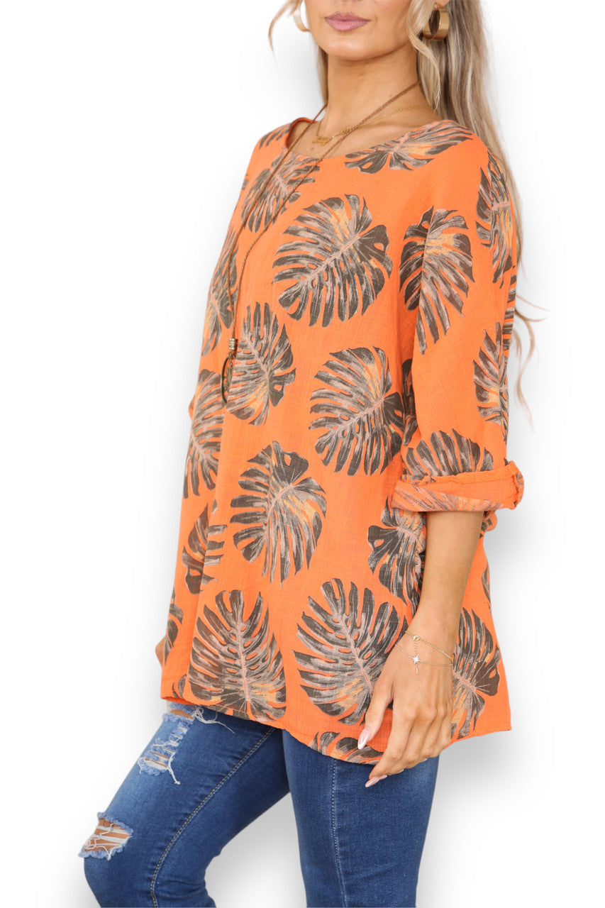 TOP MET PALMBLAADPRINT ORANJE